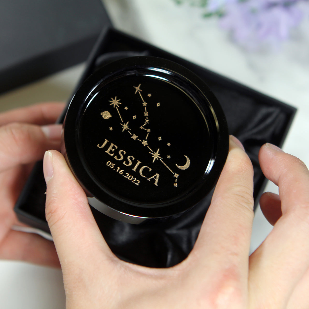 black crystal ring dish with engraving