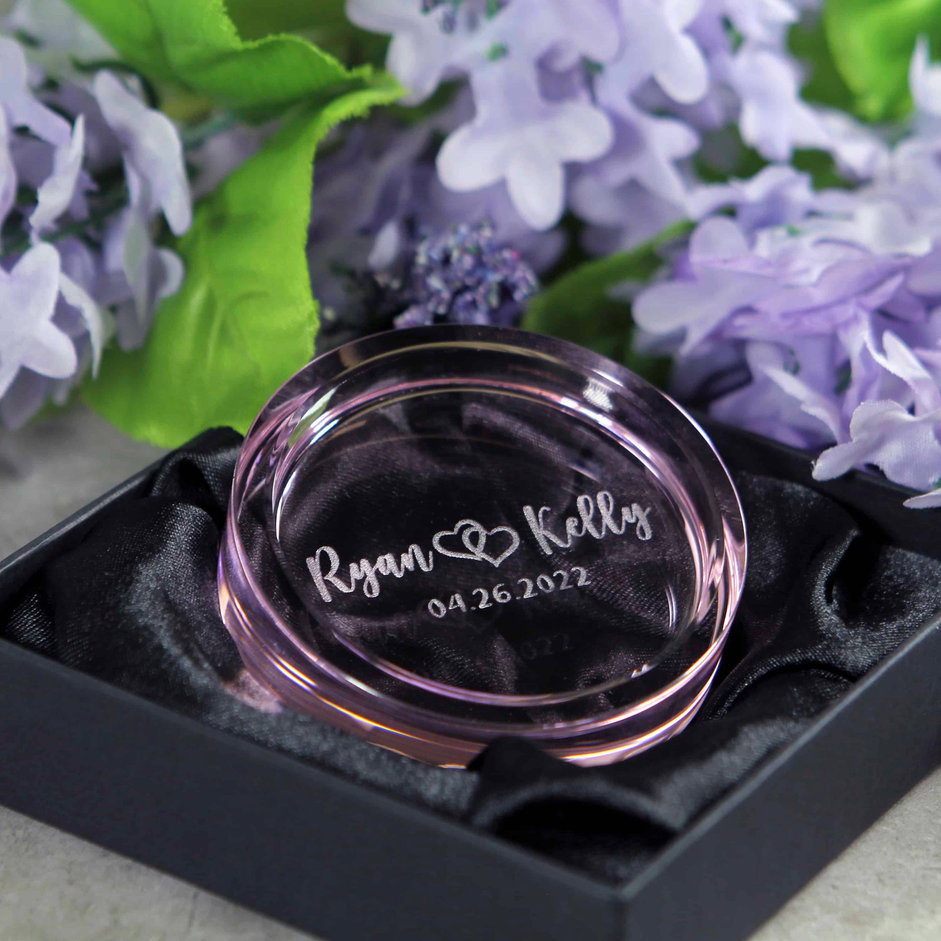 custom engraved pink crystal ring dish