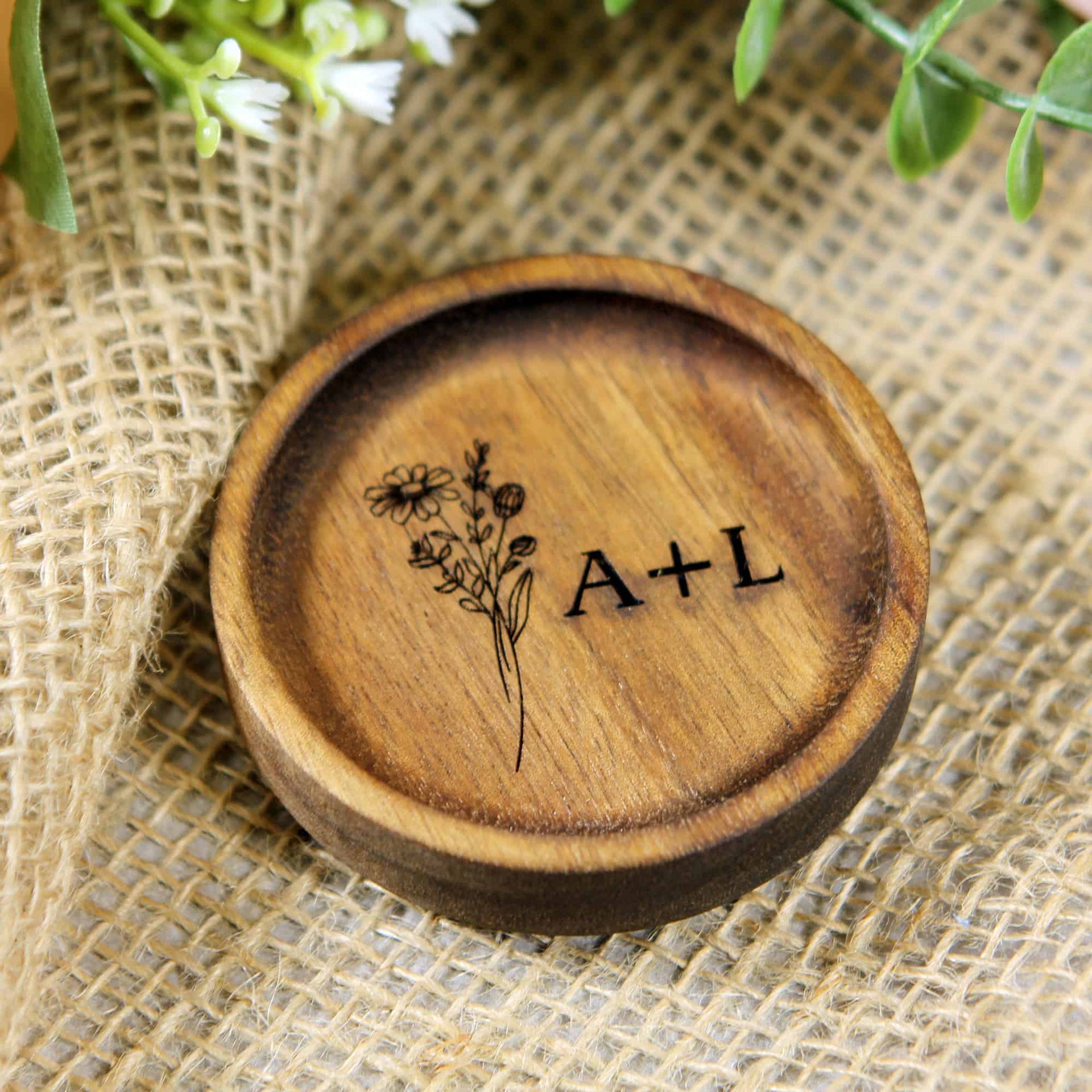birth flower engraved on wood ring dish