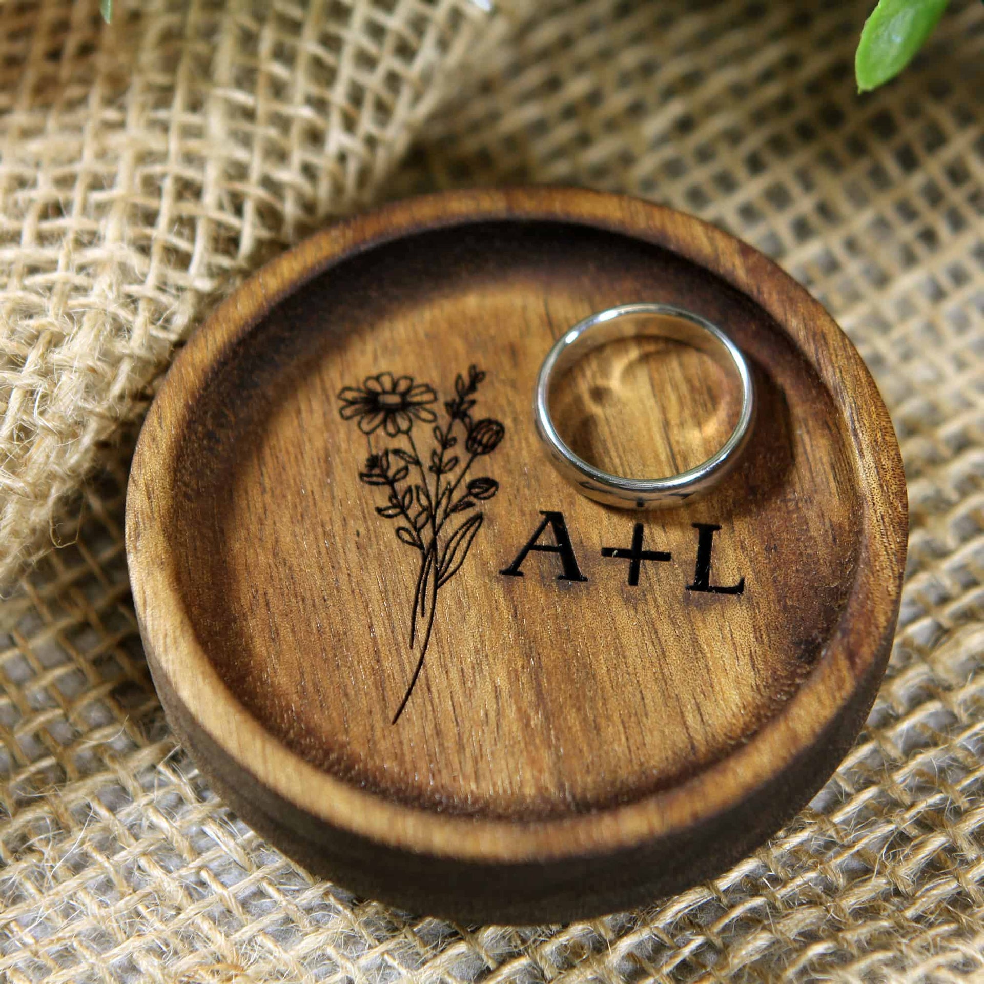 custom engraved floral wood ring dish
