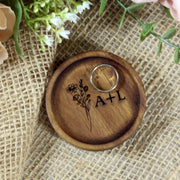custom wood ring dish engraved with birth month flower and initial