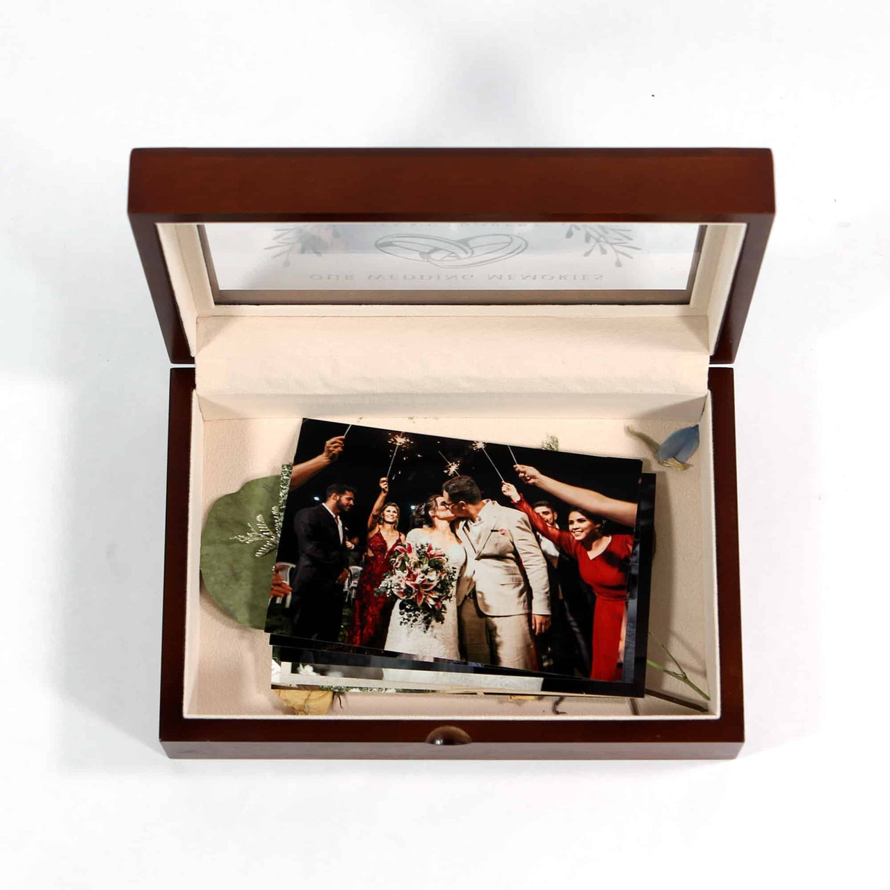 wedding momentos keepsake storage box made from wood with a soft inner lining to protect items from dust and damage