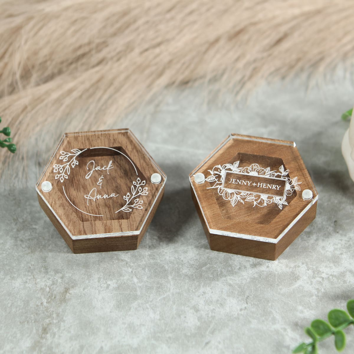 wood hexagon acrylic ring box with magnetic lid