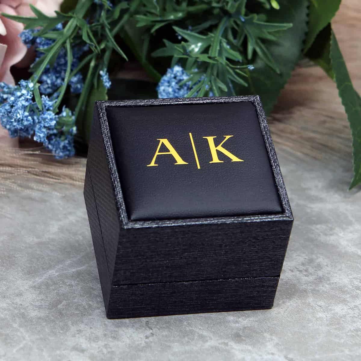 Custom monogrammed ring box for proposal with gold lettering