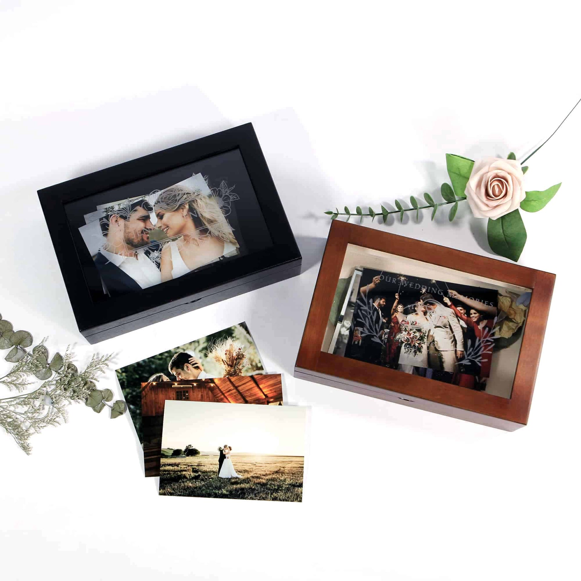 wedding keepsake boxes with photographs and custom laser engraved glass cover