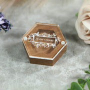 wooden proposal ring box with a magnetic acrylic removable lid that has a custom engraving