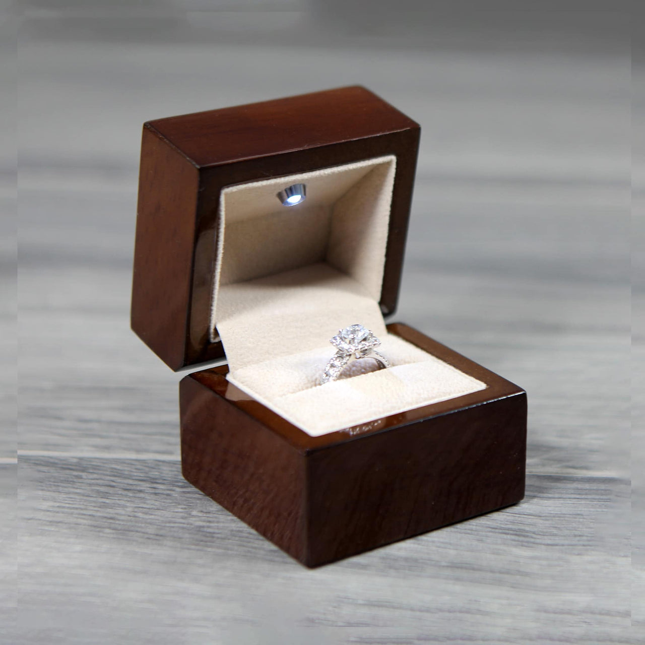 wooden proposal ring box with light to enhance sparkles of your proposal ring