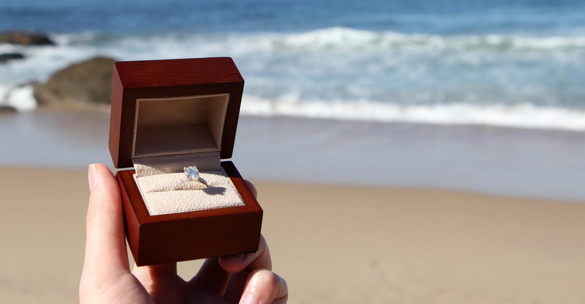 wood ring box for beach proposal