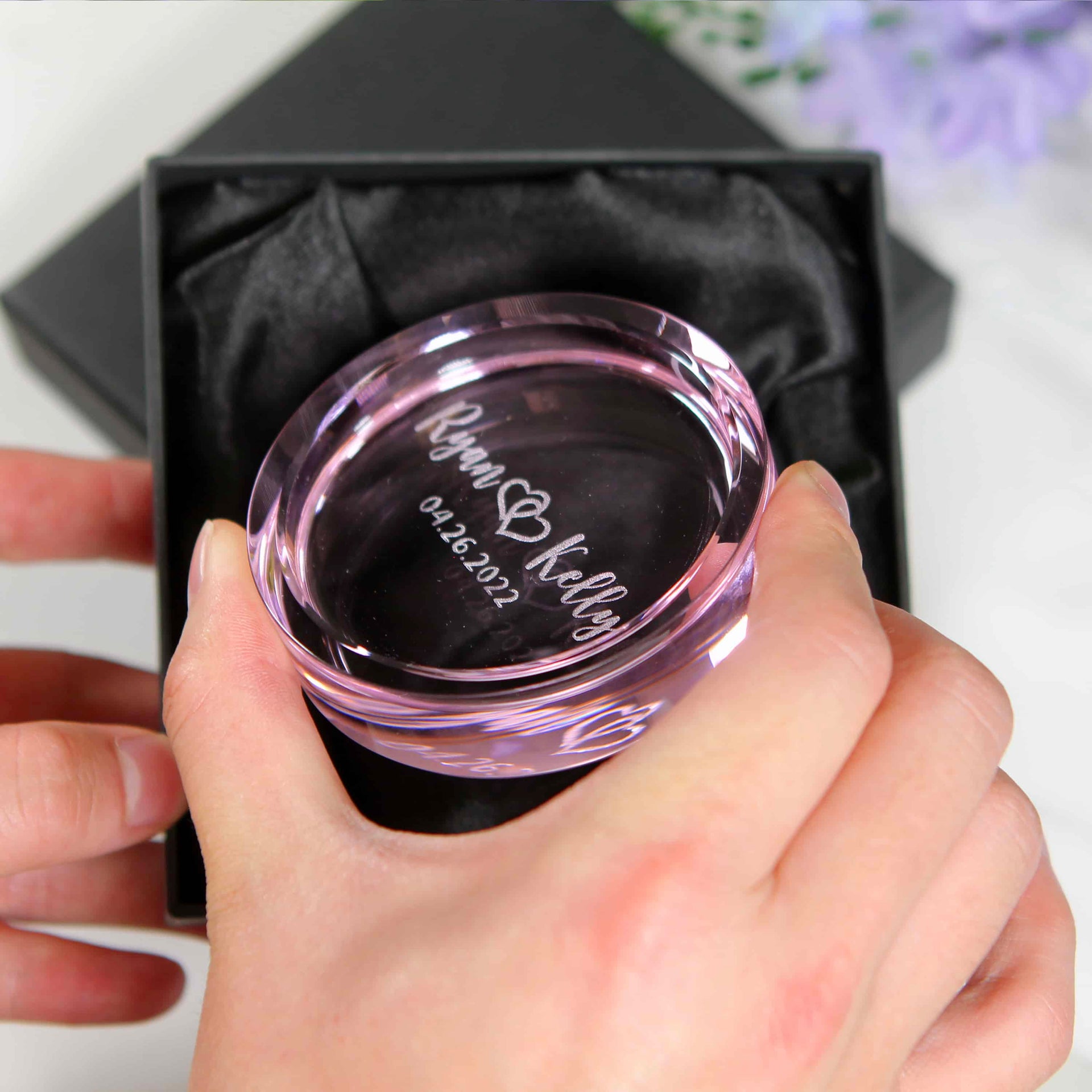 engraved pink ring dish with black gift box