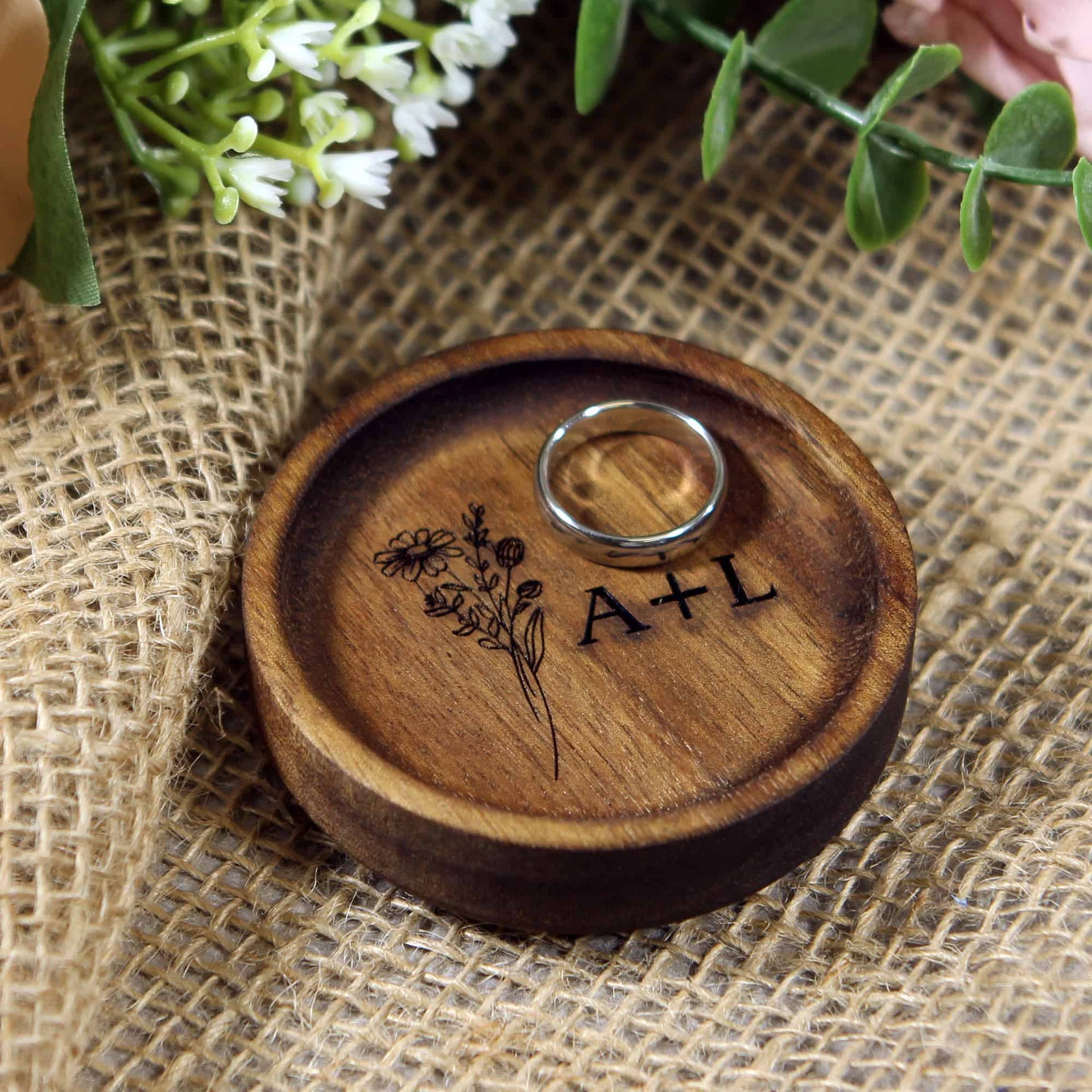 custom engraved wood ring dish with initials and birth flower 