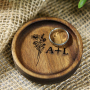 custom engraved floral wood ring dish 