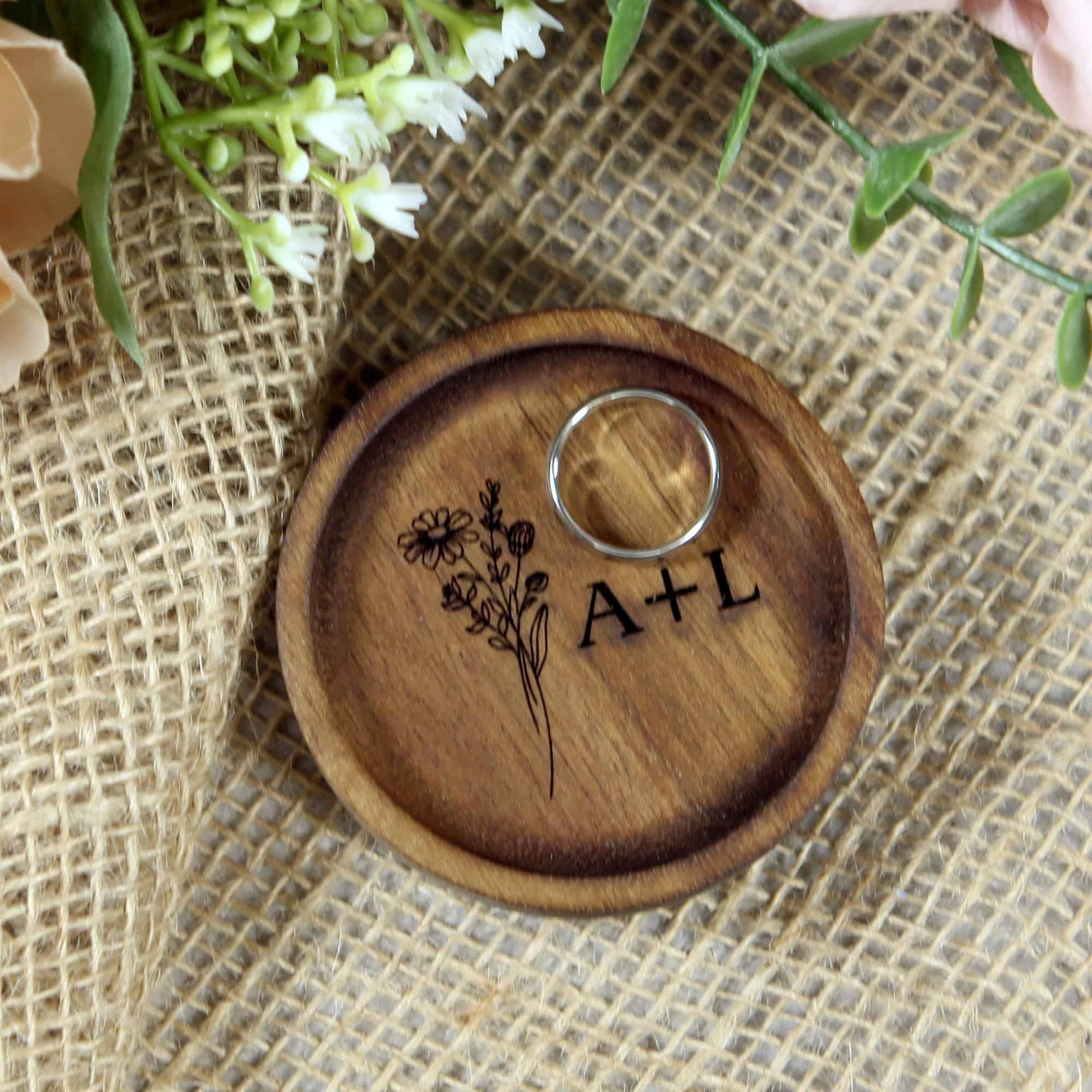 custom wood ring dish engraved with birth month flower and initial 