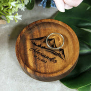 engraved wood ring dish with mountain and name 