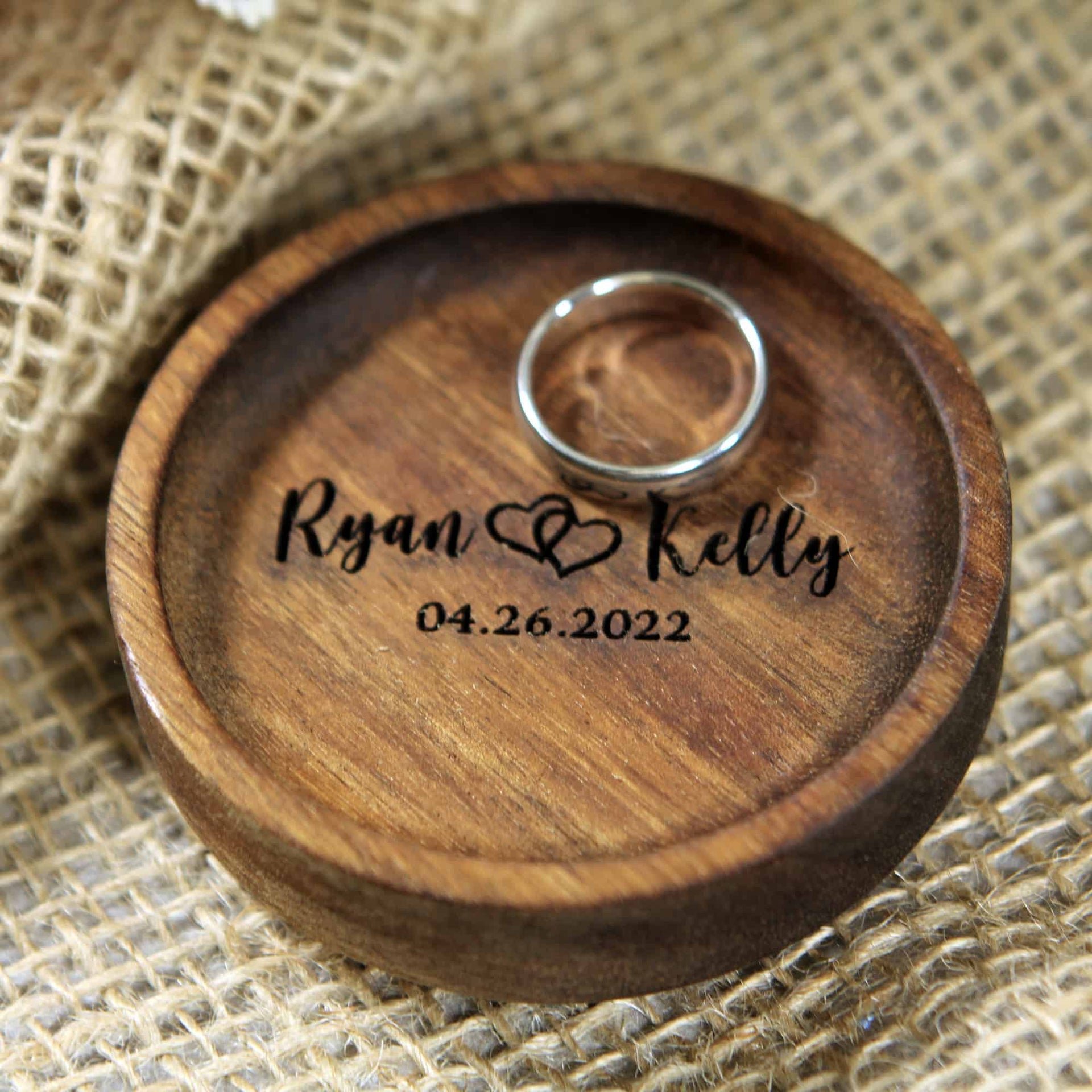 engraved wood ring dish for couple 