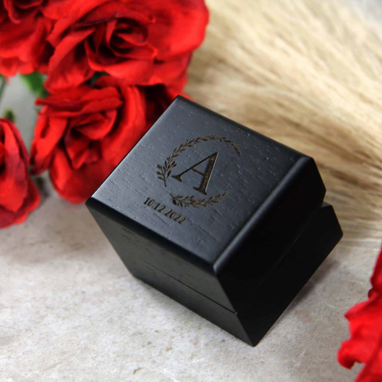 Black wood ring box custom engraved with monogram letter