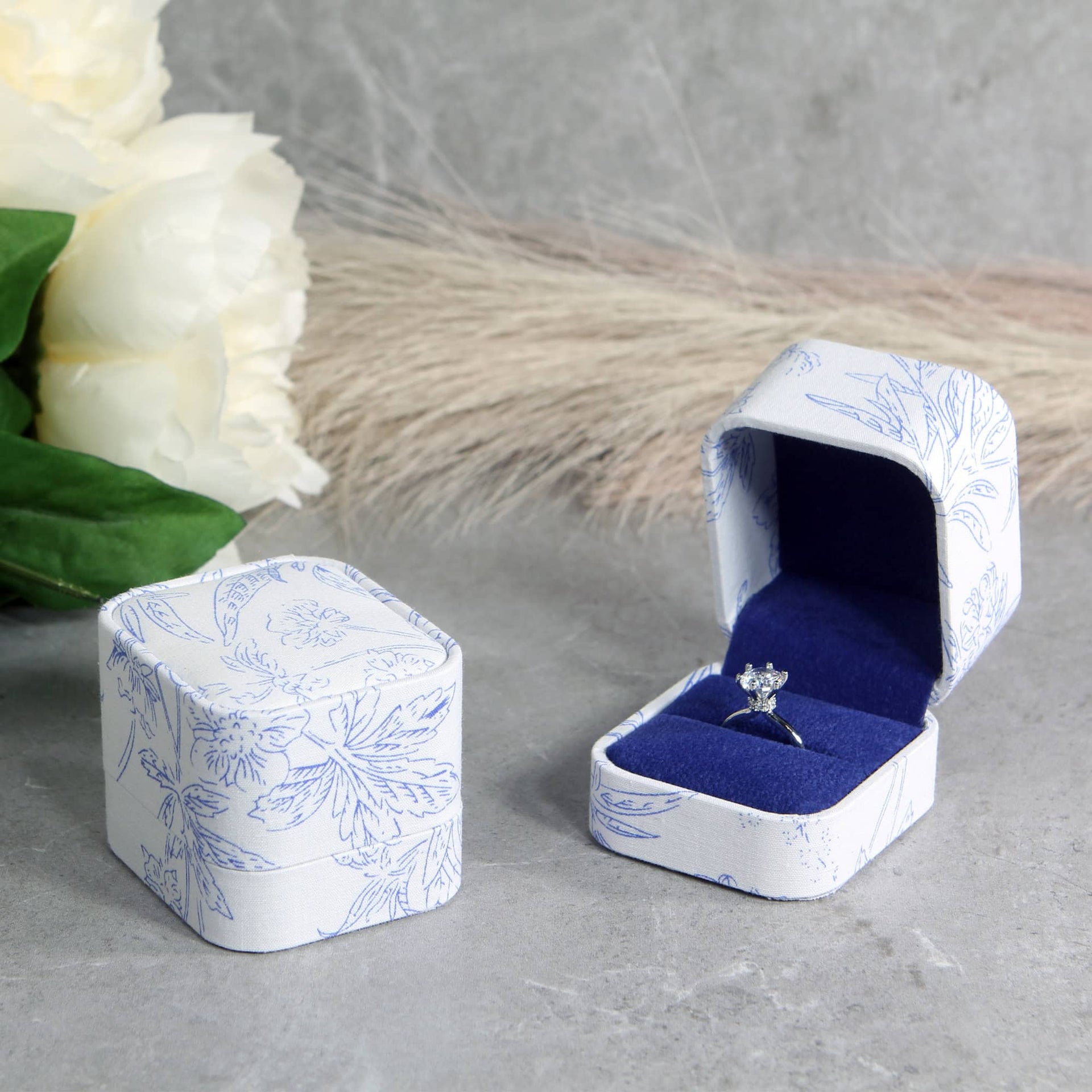 french pattern white and blue ring box for proposals