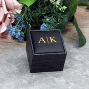 custom monogrammed gray ring box with black leather top 