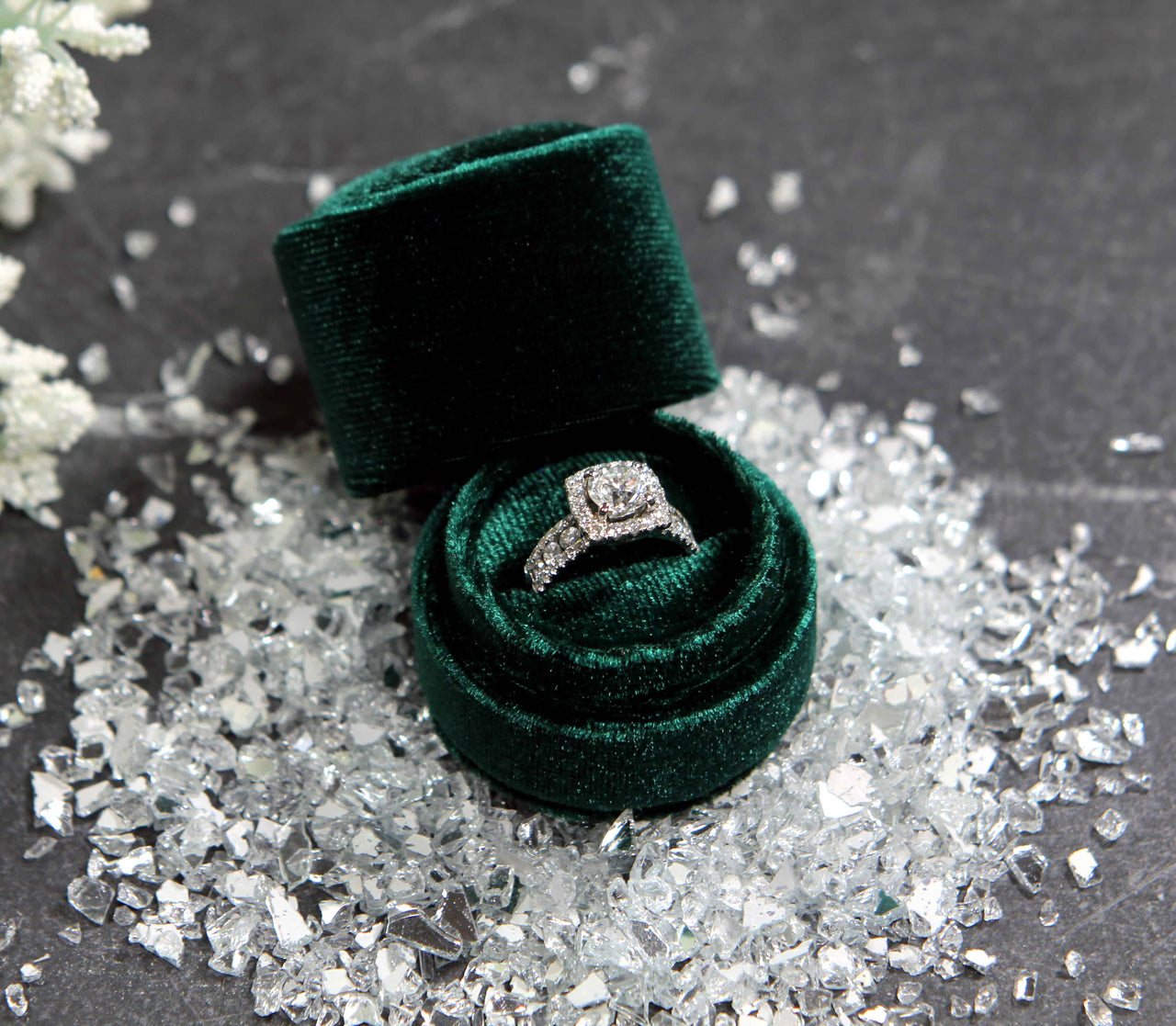 Velvet Green Proposal Ring box, Ring box on crystals, Small ring box, velvet engagement ring box