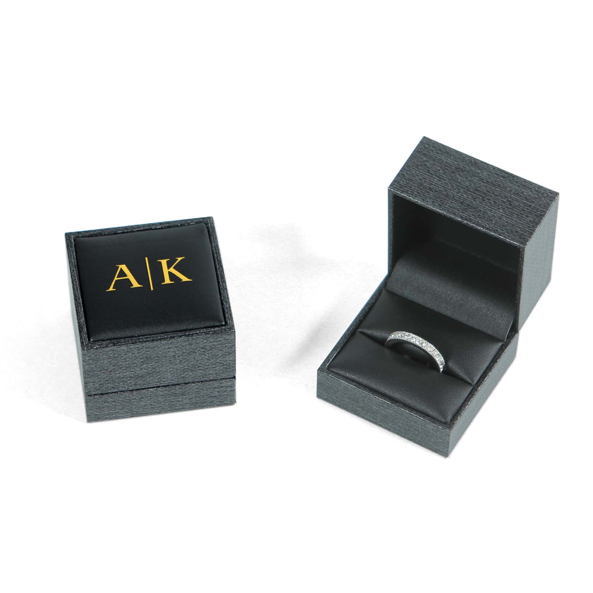custom gold letter proposal ringbox with black leather top 
