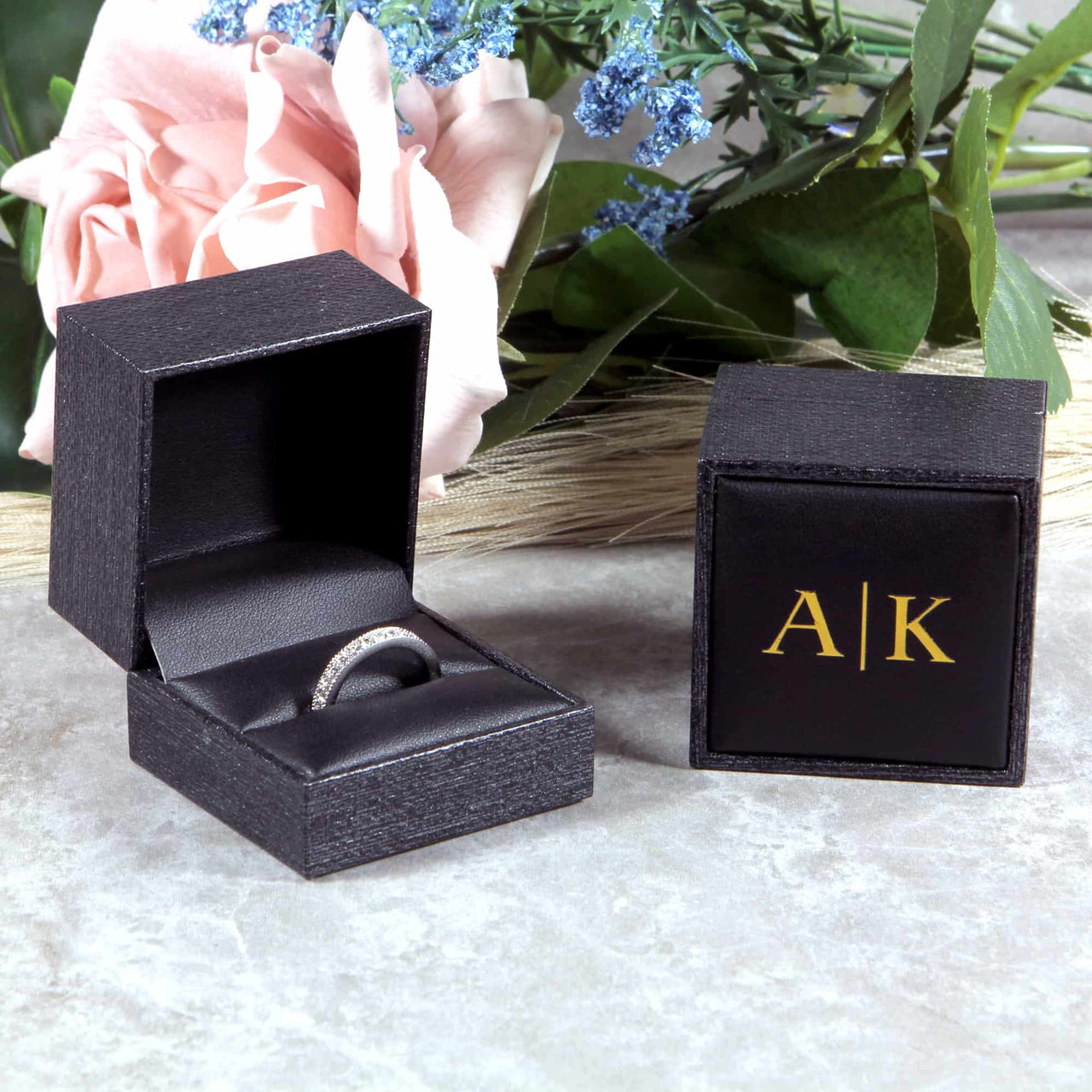 monogram proposal ring box with gold lettering 