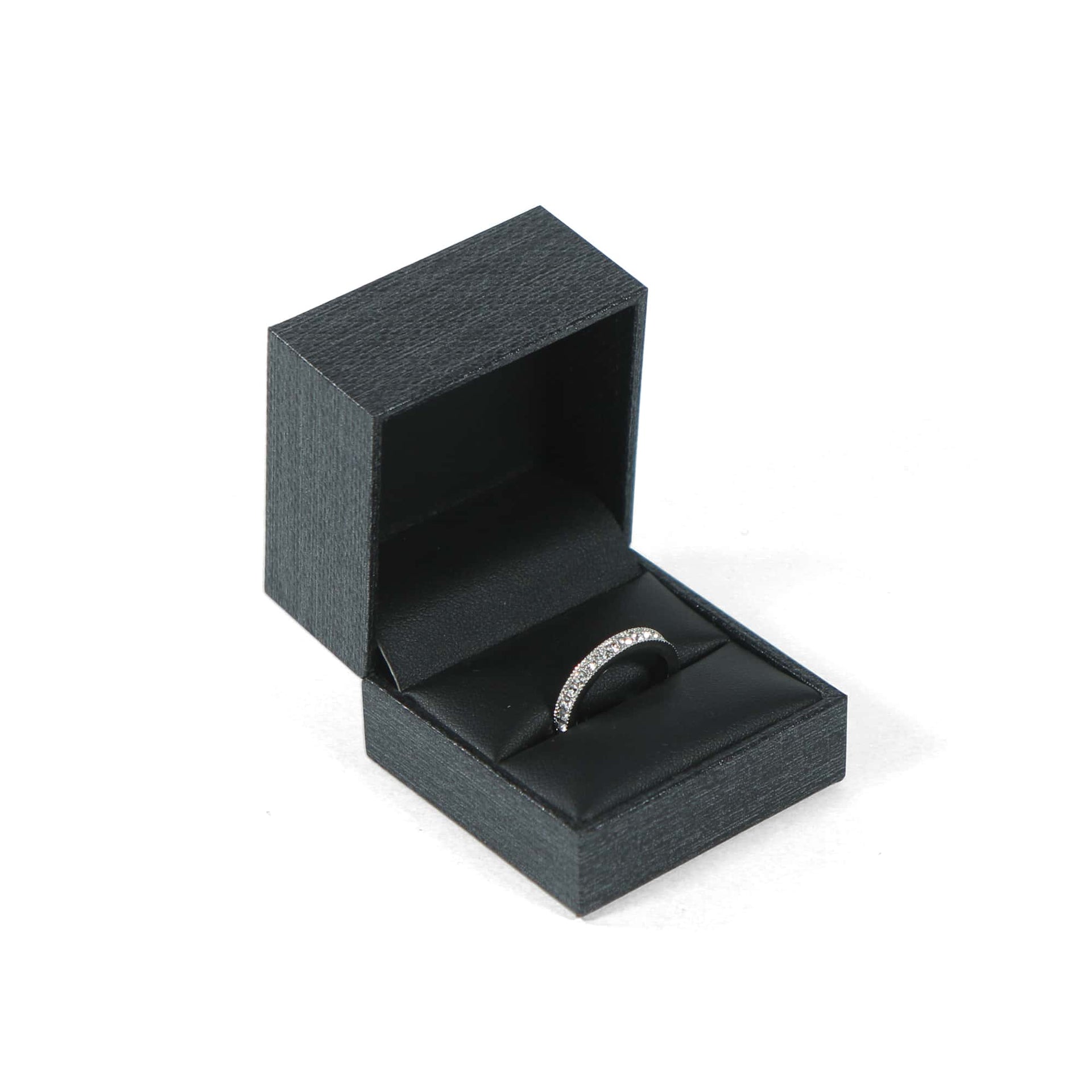 grey ring box with black leather top 
