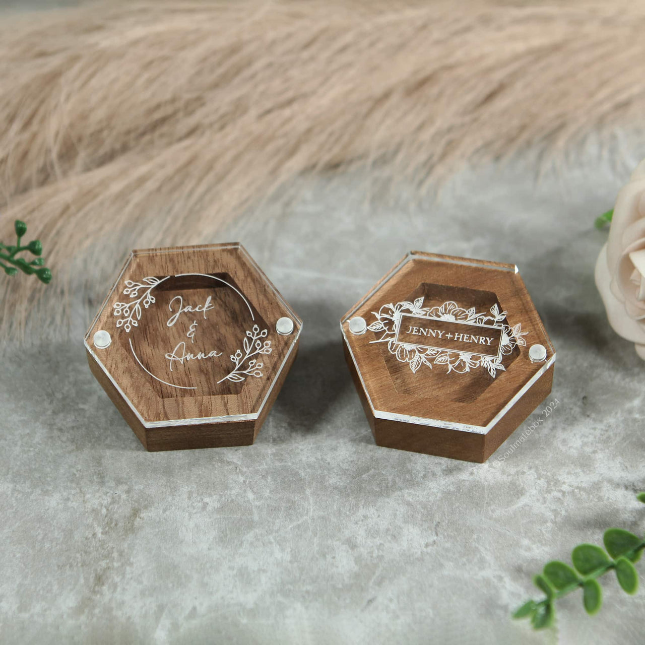 two proposal ring boxes made of wood and acrylic in a hexagon shape