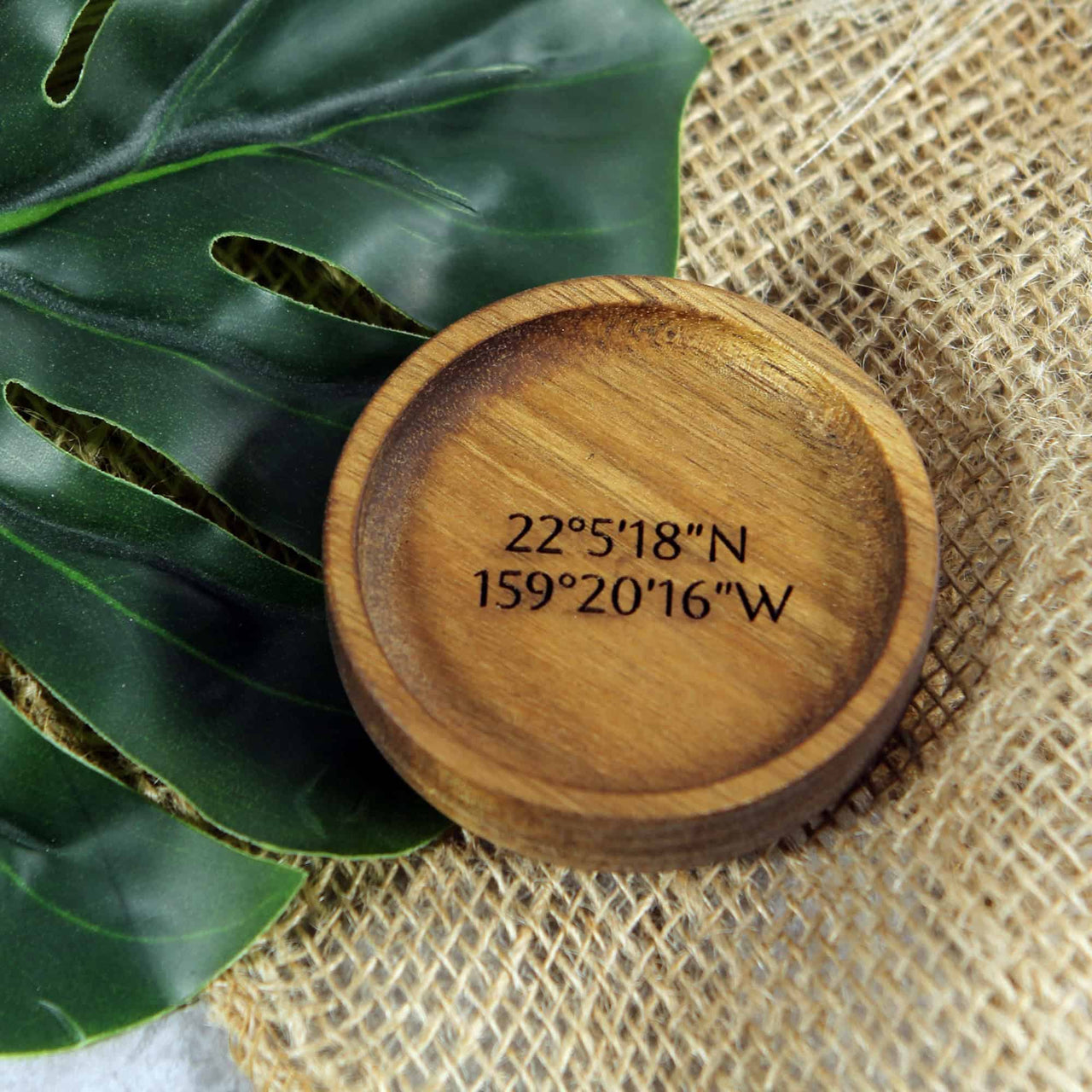 wood ring dish to hold engagement  with coordinates
