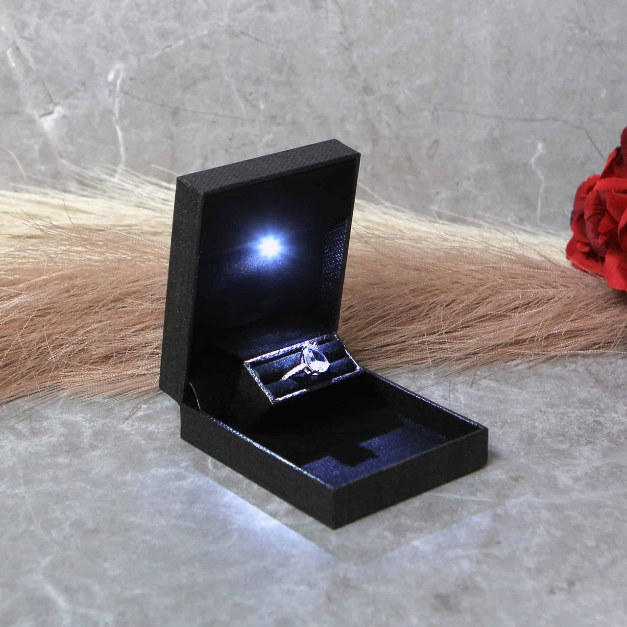 slim discreet grey proposal ring box with light