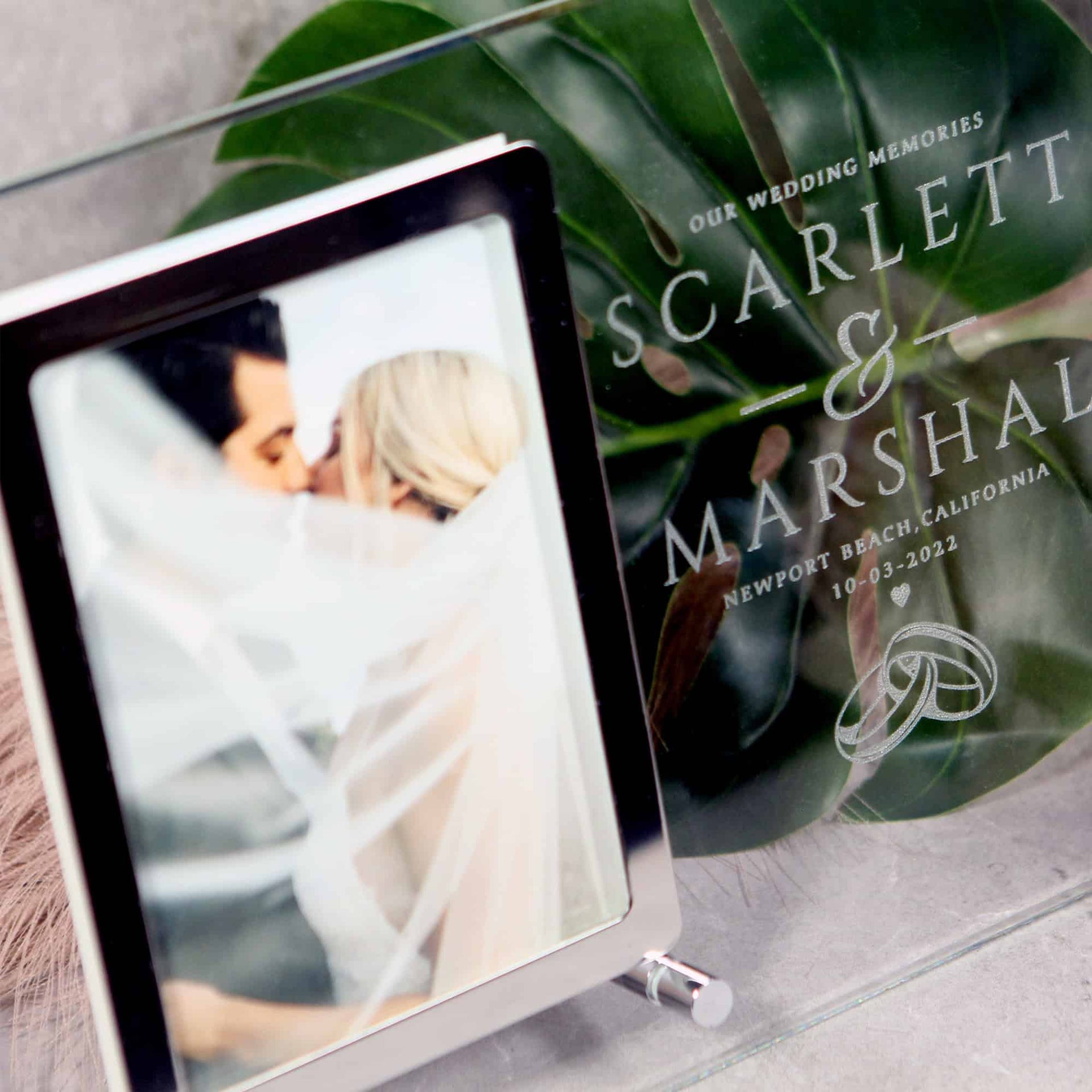 custom engraved photo frame made from glass with steel stand