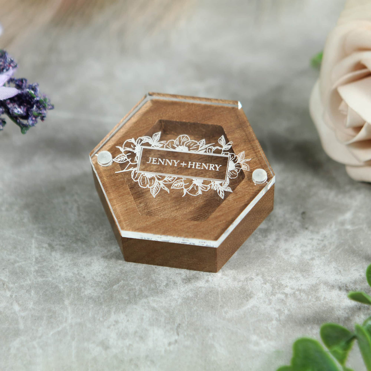 wooden proposal ring box with a magnetic acrylic removable lid that has a custom engraving