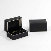 black double ring box with white stripe, fits two rings, perfect for weddings