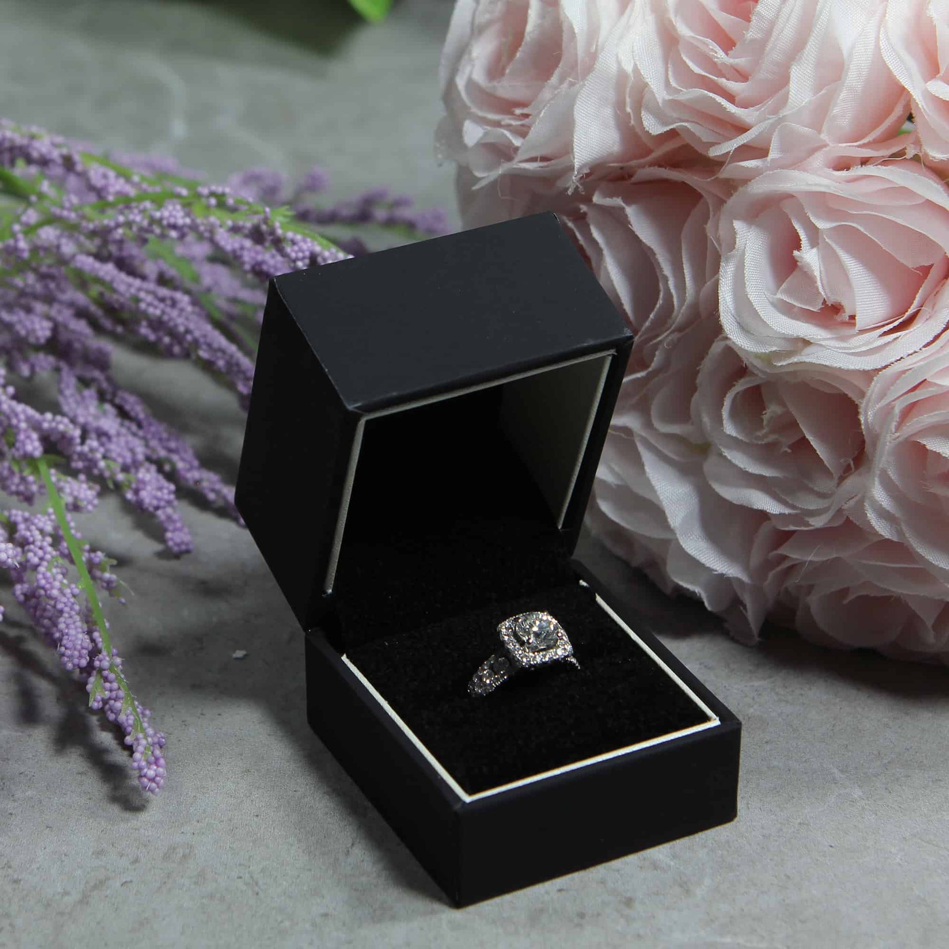 black proposal ring box for engagement and proposals with diamond ring 