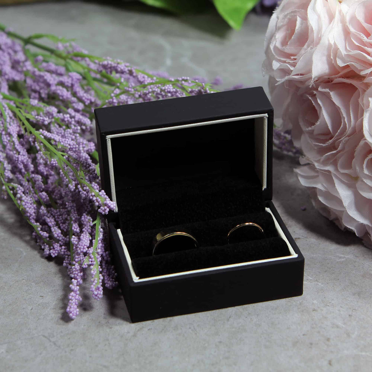 black and white ring box for weddings, fits 2 rings within for wedding bands and ceremonies