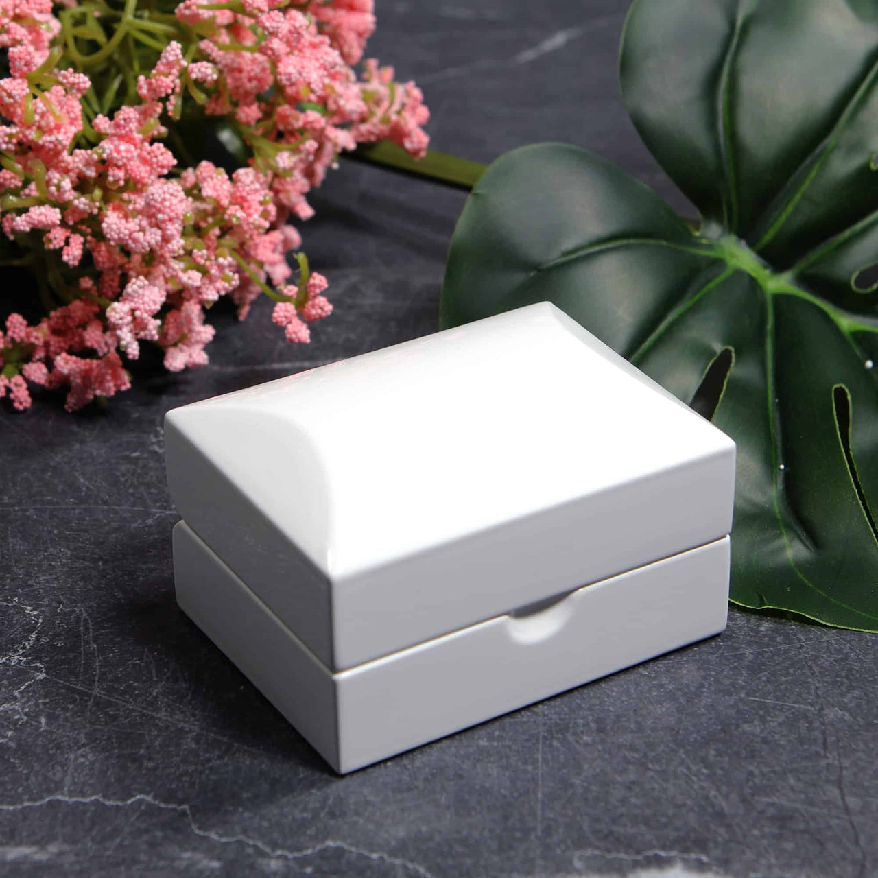 Luxury gloss white ring box for engagements, ,proposals, weddings and more. Velvet interior ensures the protection of your gems! The perfect modern ring box for your special day. This modern ring box can hold up to two rings.
