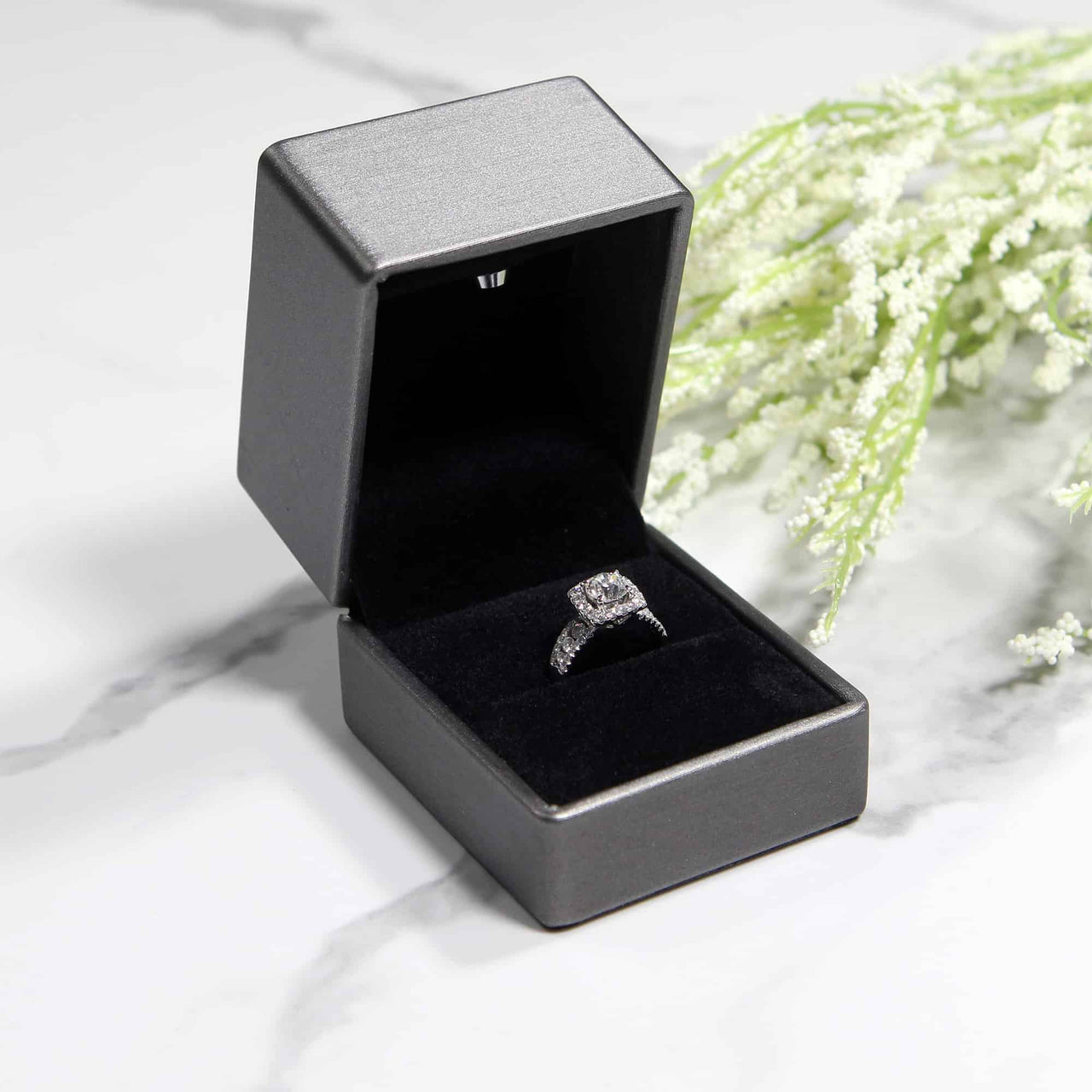 Grey Leather Ring Box with LED lighting