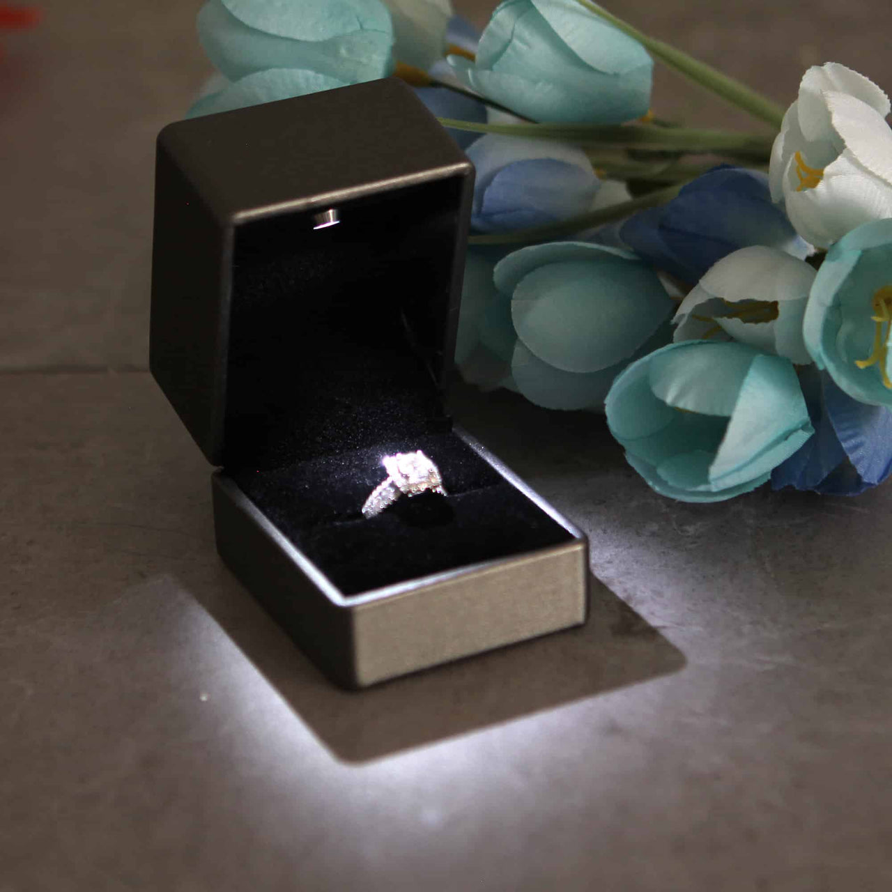 Grey Leather Ring Box with LED lighting