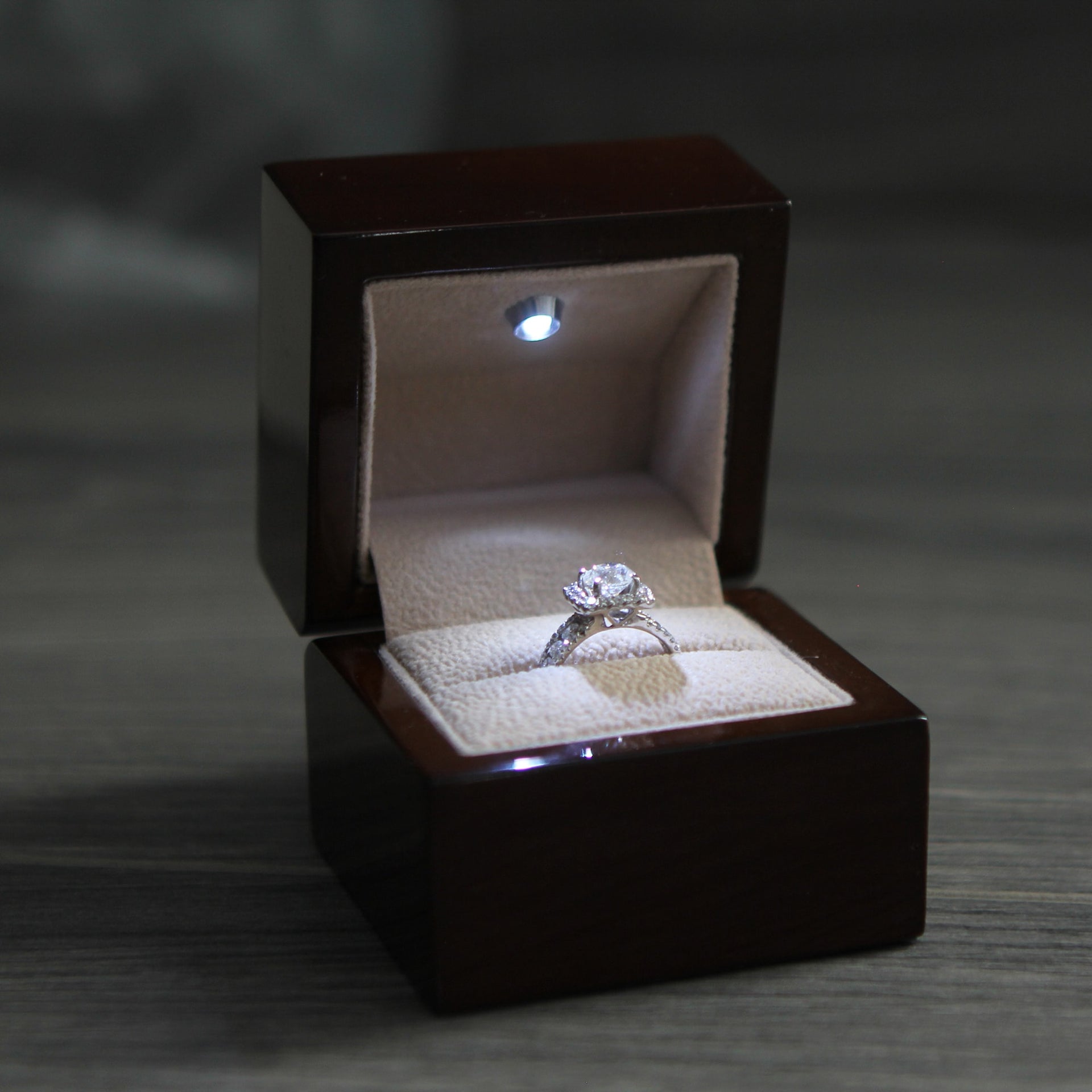wooden ring box, engagement ring box, wood led ring box, luxury ring box, modern ring box, led light ring box, ring box